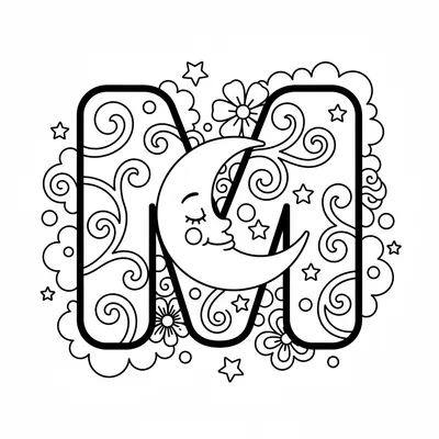 Letter M with Moon - free printable coloring page