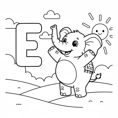 Letter E with Elephant - free printable coloring page
