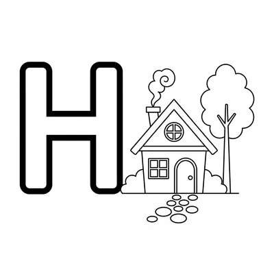 Letter H with House - free printable coloring page