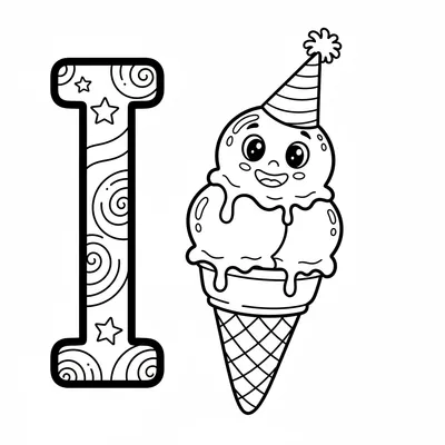 Letter I with Ice Cream - free printable coloring page